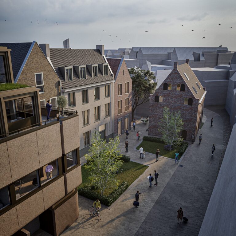 Artistieke impressie van de nieuwbouwappartementen in het Broerenkwartier, gecombineerd met duurzame architectuur in Zwolle centrum.